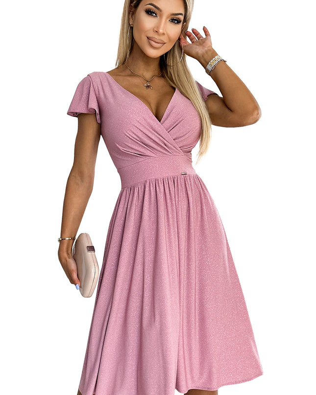 17968-7-425-2 MATILDE Kleid mit Ausschnitt und kurzen Ärmeln - Puderrosa mit Glitzer-7