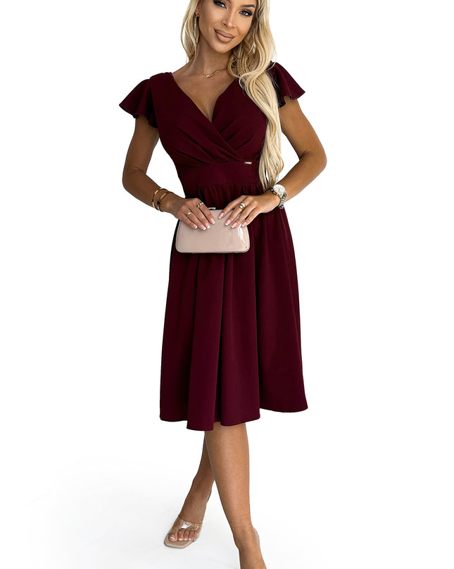 18272-6-425-4 MATILDE Kleid mit Ausschnitt und kurzen Ärmeln - weinrote Farbe-6