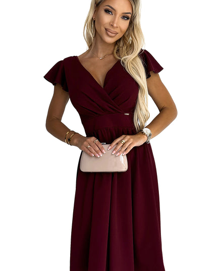 18272-7-425-4 MATILDE Kleid mit Ausschnitt und kurzen Ärmeln - weinrote Farbe-7