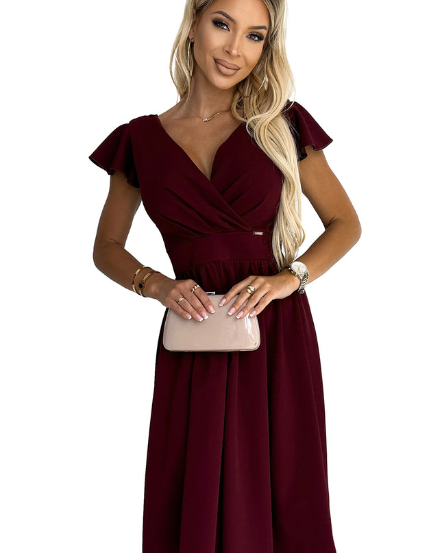 18272-7-425-4 MATILDE Kleid mit Ausschnitt und kurzen Ärmeln - weinrote Farbe-7