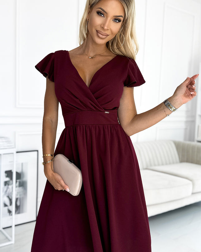 18272-3-425-4 MATILDE Kleid mit Ausschnitt und kurzen Ärmeln - weinrote Farbe-3