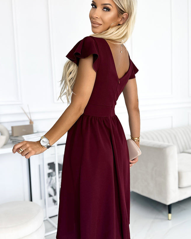 18272-2-425-4 MATILDE Kleid mit Ausschnitt und kurzen Ärmeln - weinrote Farbe-2