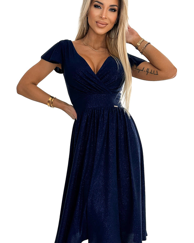 19055-7-425-8 MATILDE Kleid mit Ausschnitt und kurzen Ärmeln - Marineblau mit Glitzer-7