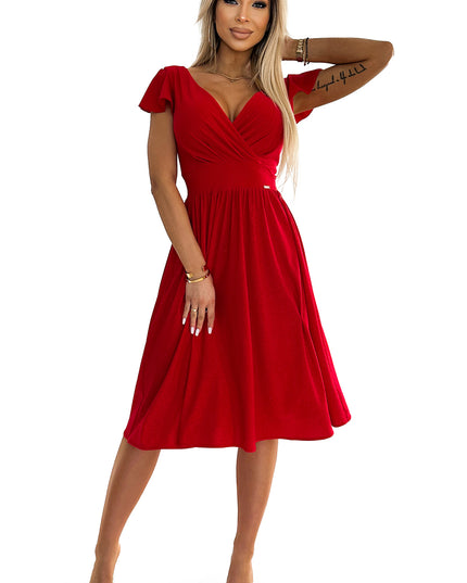 19033-6-425-9 MATILDE Kleid mit Ausschnitt und kurzen Ärmeln - rot mit Glitzer-6