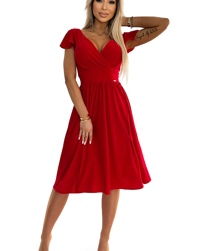 19033-6-425-9 MATILDE Kleid mit Ausschnitt und kurzen Ärmeln - rot mit Glitzer-6