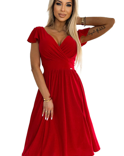 19033-7-425-9 MATILDE Kleid mit Ausschnitt und kurzen Ärmeln - rot mit Glitzer-7