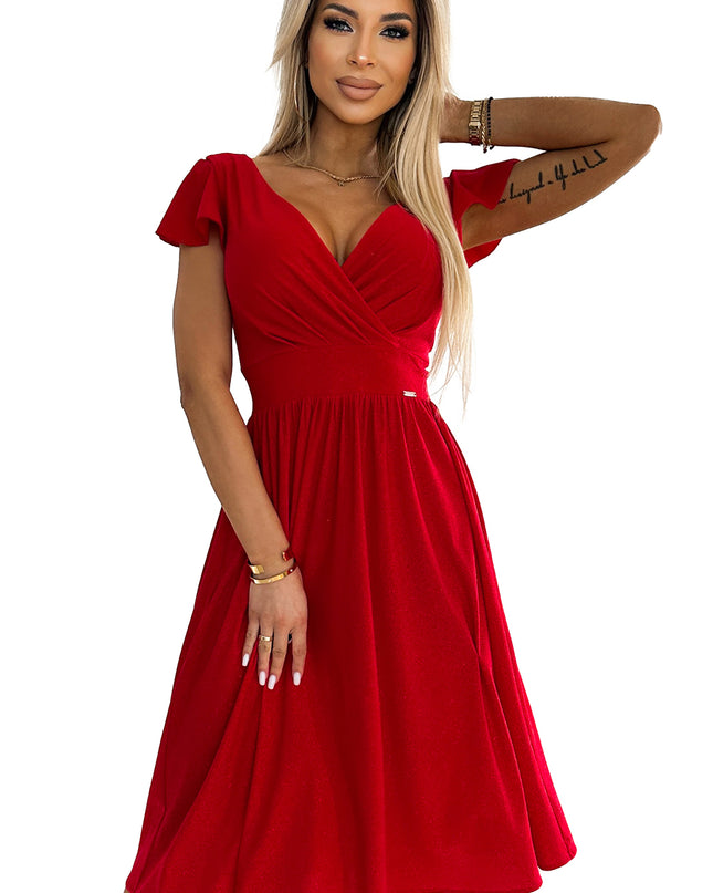 19033-7-425-9 MATILDE Kleid mit Ausschnitt und kurzen Ärmeln - rot mit Glitzer-7
