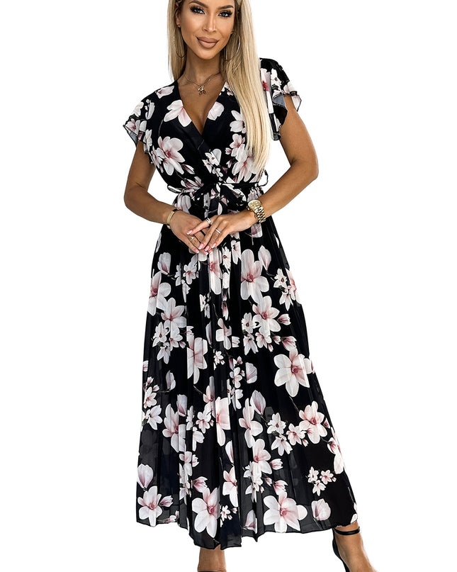 17673-7-434-1 LISA Plissee-Midikleid mit Ausschnitt und Rüschen - Pfirsichblüte auf schwarzem Grund-7