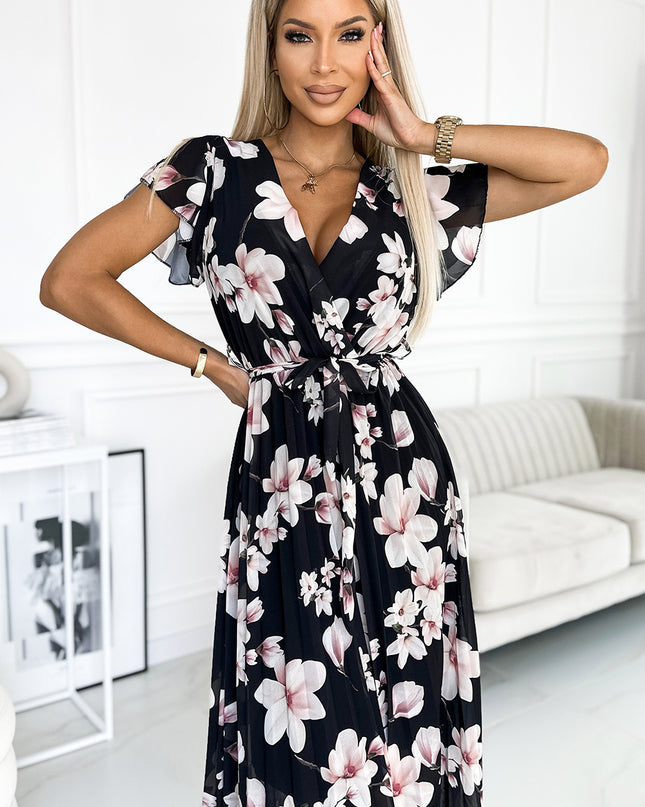 17673-2-434-1 LISA Plissee-Midikleid mit Ausschnitt und Rüschen - Pfirsichblüte auf schwarzem Grund-2