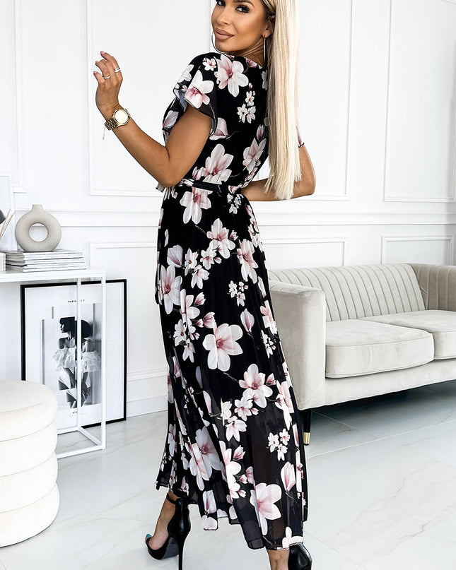 17673-3-434-1 LISA Plissee-Midikleid mit Ausschnitt und Rüschen - Pfirsichblüte auf schwarzem Grund-3