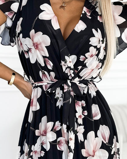 17673-6-434-1 LISA Plissee-Midikleid mit Ausschnitt und Rüschen - Pfirsichblüte auf schwarzem Grund-6