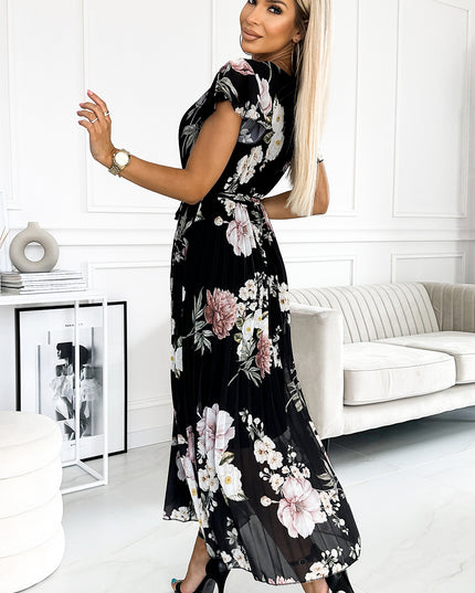 17674-3-434-2 LISA Plissee-Midikleid mit Ausschnitt und Rüschen - Frühlingsblumen auf schwarzem Hintergrund-3