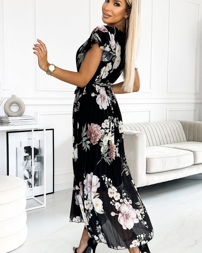 17674-3-434-2 LISA Plissee-Midikleid mit Ausschnitt und Rüschen - Frühlingsblumen auf schwarzem Hintergrund-3