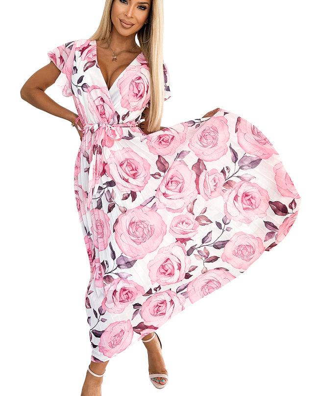 17677-8-434-5 LISA Plissee-Midikleid mit Ausschnitt und Rüschen - große Rosen auf weißem Hintergrund-8