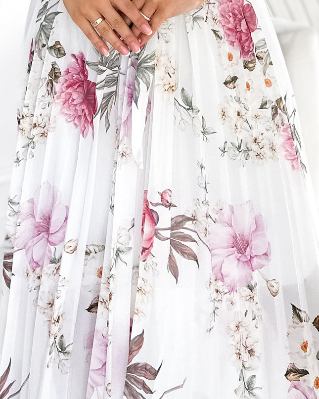 17678-6-434-6 LISA Plissee-Midikleid mit Ausschnitt und Rüschen - Frühlingsblumen auf weißem Hintergrund-6