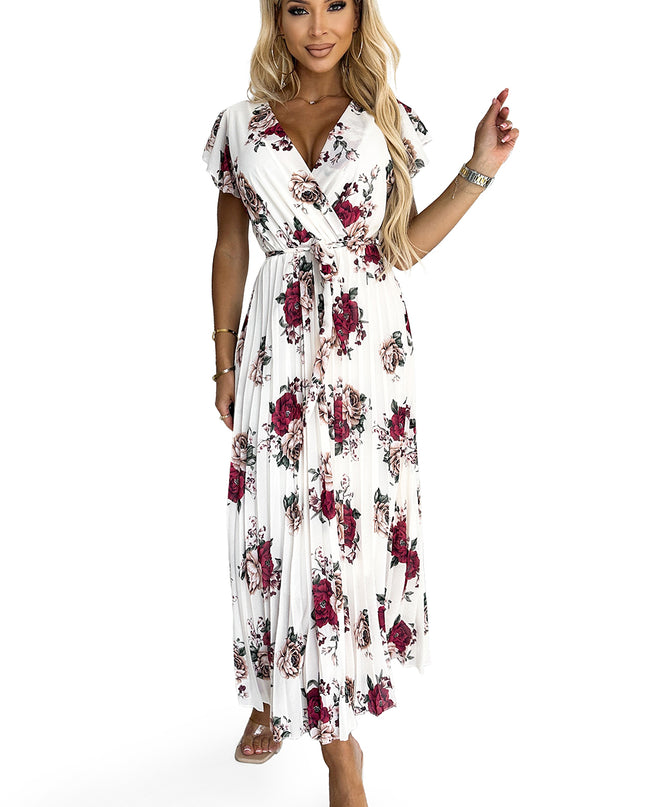 20255-7-LISA Plissee-Midikleid mit Ausschnitt und Rüschen - dunkelrote Rosen-7