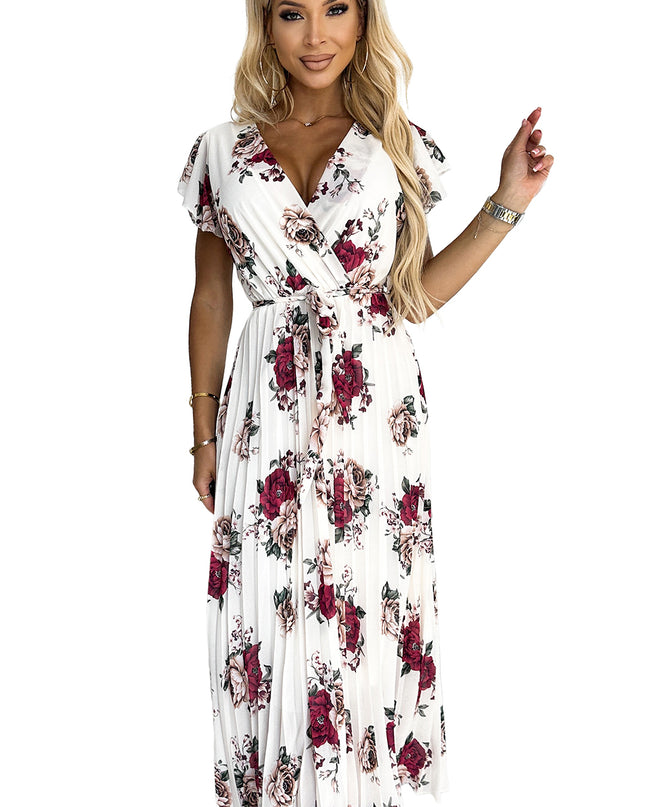 20255-8-LISA Plissee-Midikleid mit Ausschnitt und Rüschen - dunkelrote Rosen-8