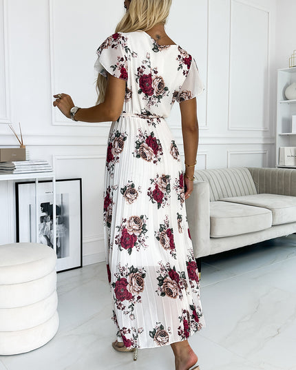 20255-3-LISA Plissee-Midikleid mit Ausschnitt und Rüschen - dunkelrote Rosen-3