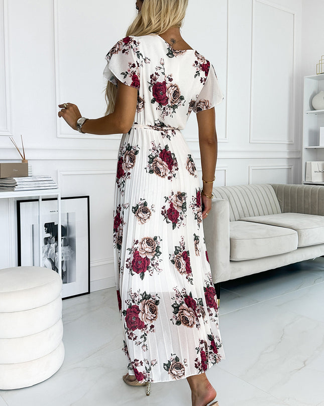20255-3-LISA Plissee-Midikleid mit Ausschnitt und Rüschen - dunkelrote Rosen-3