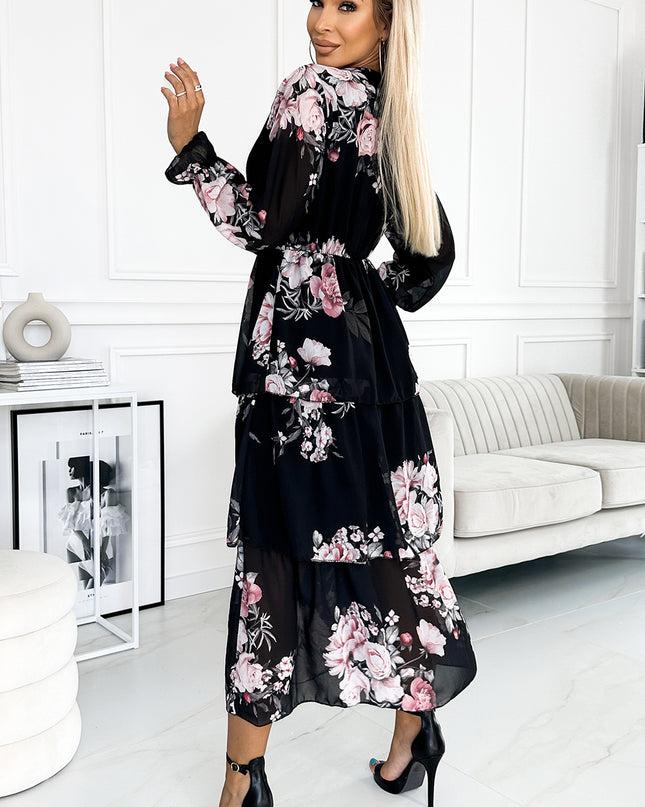 17710-3-435-1 MARTINA Midikleid mit Ausschnitt und drei Rüschen - Rosen auf schwarzem Grund-3