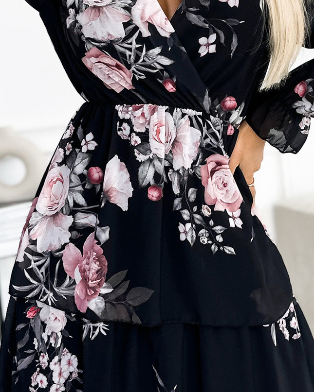 17710-6-435-1 MARTINA Midikleid mit Ausschnitt und drei Rüschen - Rosen auf schwarzem Grund-6