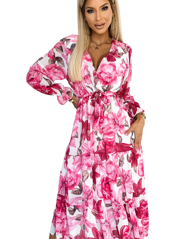 17772-7-436-1 VALENTINA Midikleid mit Ausschnitt und Gürtel - rosa Rosen auf weißem Grund-7