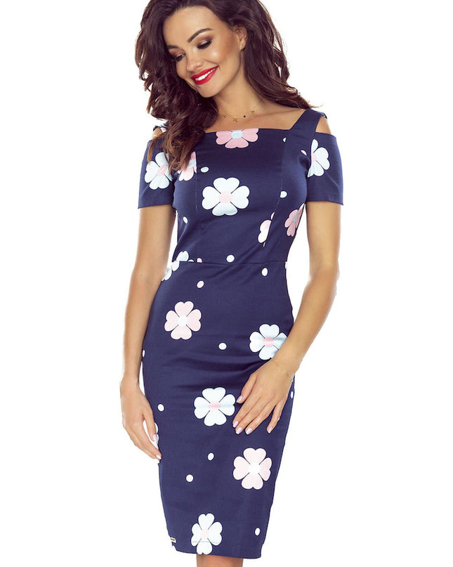 17731-1-440-3 Elegantes Kleid mit kurzen Ärmeln - dunkelblau mit Blumen-1