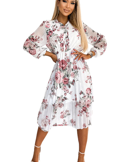 17871-7-449-1 CARLA Plissiertes Midikleid mit Knöpfen und langen Ärmeln - Rosen auf weißem Grund-7
