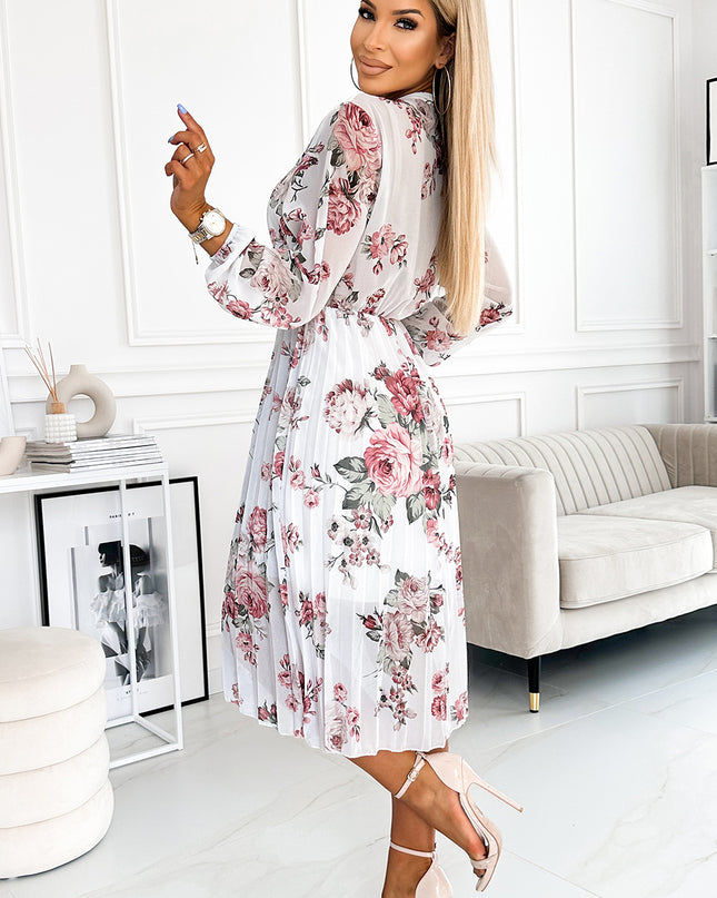 17871-4-449-1 CARLA Plissiertes Midikleid mit Knöpfen und langen Ärmeln - Rosen auf weißem Grund-4