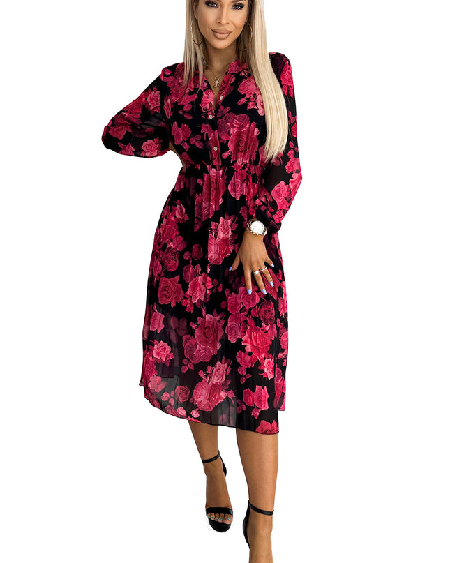 17875-7-449-2 CARLA Plissiertes Midikleid mit Knöpfen und langen Ärmeln - schwarz mit roten Rosen-7