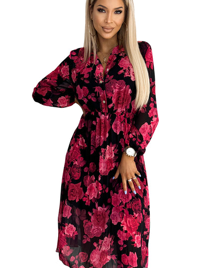 17875-8-449-2 CARLA Plissiertes Midikleid mit Knöpfen und langen Ärmeln - schwarz mit roten Rosen-8