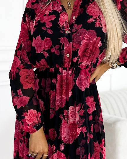 17875-6-449-2 CARLA Plissiertes Midikleid mit Knöpfen und langen Ärmeln - schwarz mit roten Rosen-6