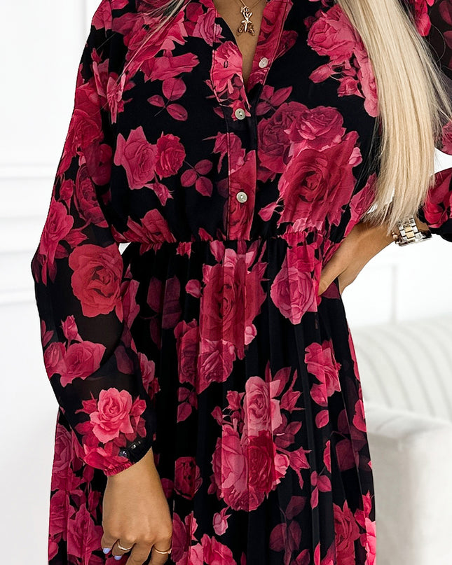 17875-6-449-2 CARLA Plissiertes Midikleid mit Knöpfen und langen Ärmeln - schwarz mit roten Rosen-6