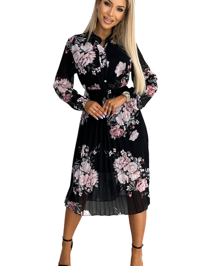 17874-7-449-3 CARLA Plissiertes Midikleid mit Knöpfen und langen Ärmeln - Rosen auf schwarzem Hintergrund-7