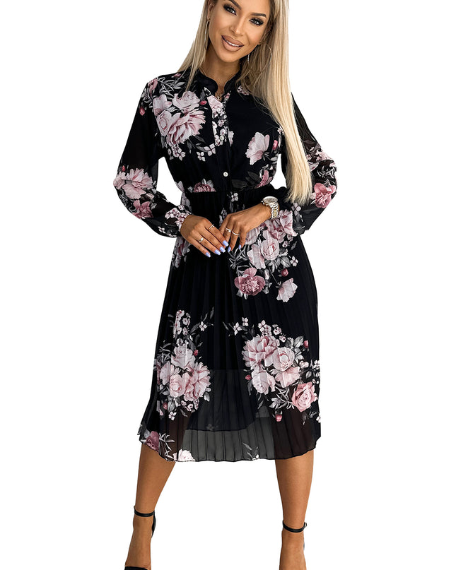 17874-7-449-3 CARLA Plissiertes Midikleid mit Knöpfen und langen Ärmeln - Rosen auf schwarzem Hintergrund-7