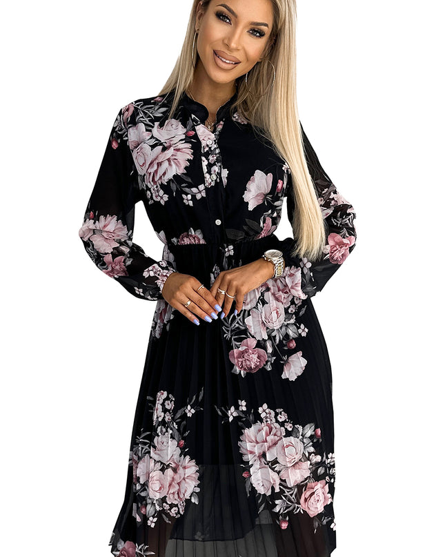 17874-8-449-3 CARLA Plissiertes Midikleid mit Knöpfen und langen Ärmeln - Rosen auf schwarzem Hintergrund-8
