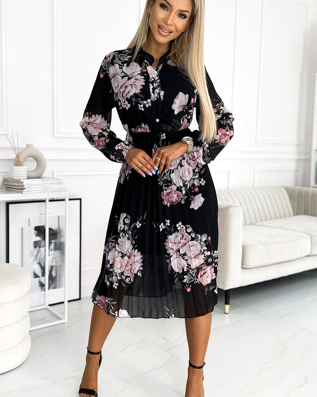 17874-4-449-3 CARLA Plissiertes Midikleid mit Knöpfen und langen Ärmeln - Rosen auf schwarzem Hintergrund-4