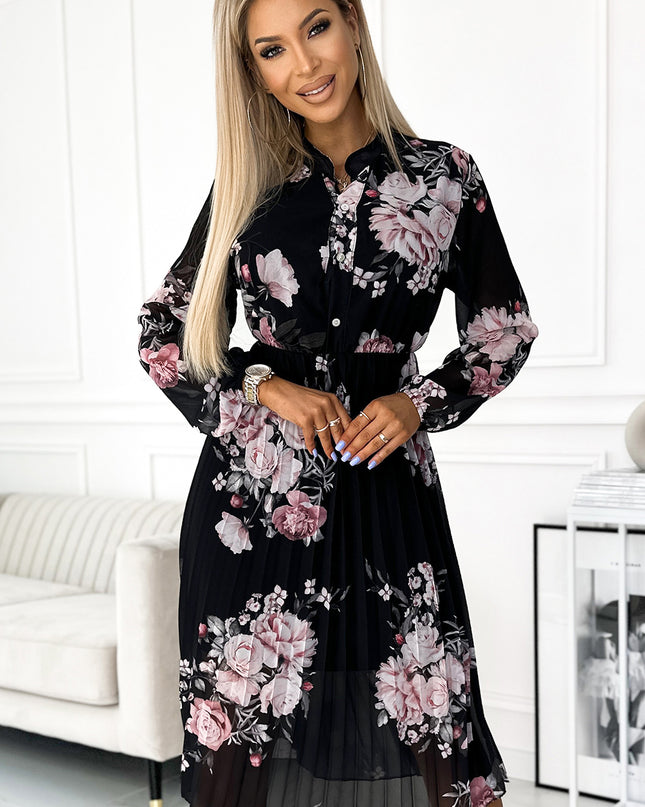17874-1-449-3 CARLA Plissiertes Midikleid mit Knöpfen und langen Ärmeln - Rosen auf schwarzem Hintergrund-1