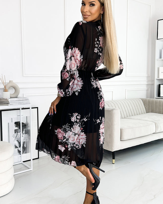 17874-2-449-3 CARLA Plissiertes Midikleid mit Knöpfen und langen Ärmeln - Rosen auf schwarzem Hintergrund-2