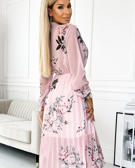 17872-3-449-4 CARLA Plissiertes Midikleid mit Knöpfen und langen Ärmeln - Rosen auf pastellrosa Hintergrund-3