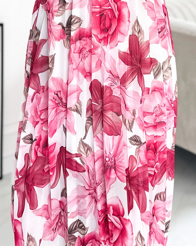 17873-6-449-5 CARLA Plissiertes Midikleid mit Knöpfen und langen Ärmeln - dunkelrosa Blüten auf weißem Hintergrund-6