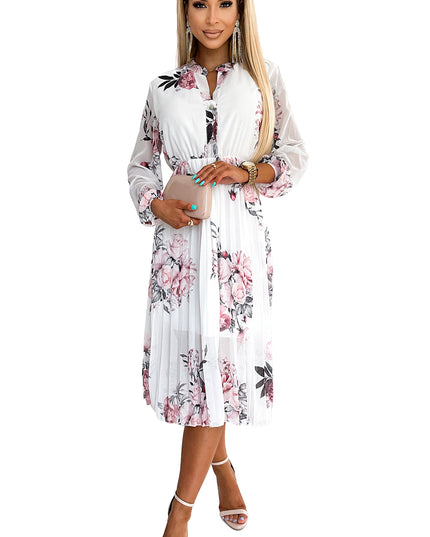 18187-6-449-6 CARLA Plissiertes Midikleid mit Knöpfen und langen Ärmeln - Rosen auf weißem Hintergrund-6