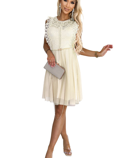 18140-6-454-3 GRETA Kleid mit Spitze und goldenem Gürtel - Beige-6