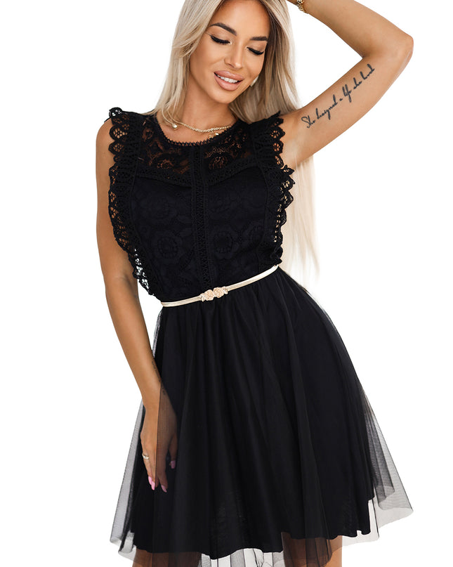 20475-8-GRETA Spitzenkleid mit Tüllrock und goldenem Gürtel - schwarz-8
