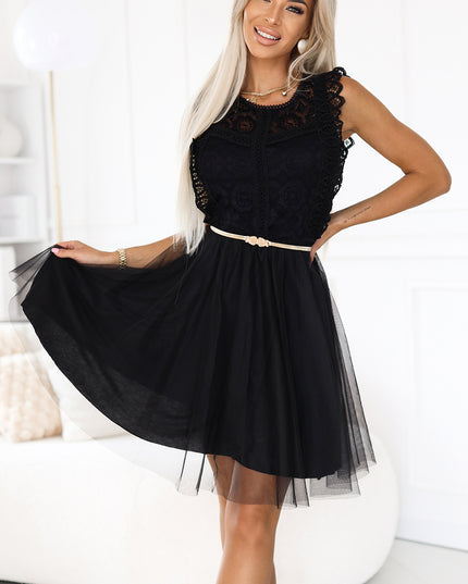 20475-6-GRETA Spitzenkleid mit Tüllrock und goldenem Gürtel - schwarz-6