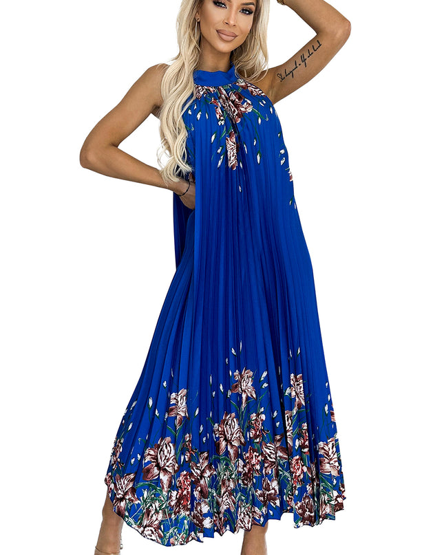 18109-7-ESTER Plissiertes Maxikleid aus Satin - blau mit Blumen-7