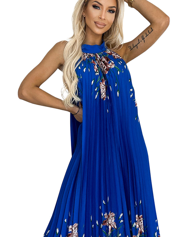 18109-8-ESTER Plissiertes Maxikleid aus Satin - blau mit Blumen-8