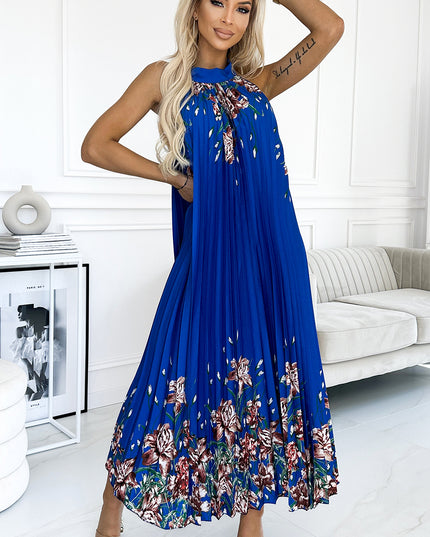 18109-1-ESTER Plissiertes Maxikleid aus Satin - blau mit Blumen-1