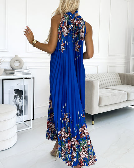 18109-3-ESTER Plissiertes Maxikleid aus Satin - blau mit Blumen-3