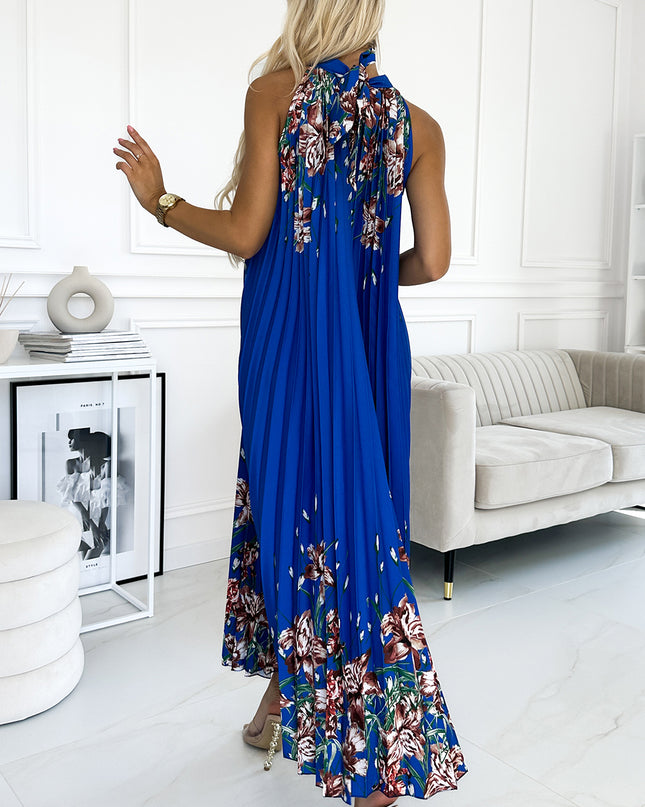 18109-3-ESTER Plissiertes Maxikleid aus Satin - blau mit Blumen-3